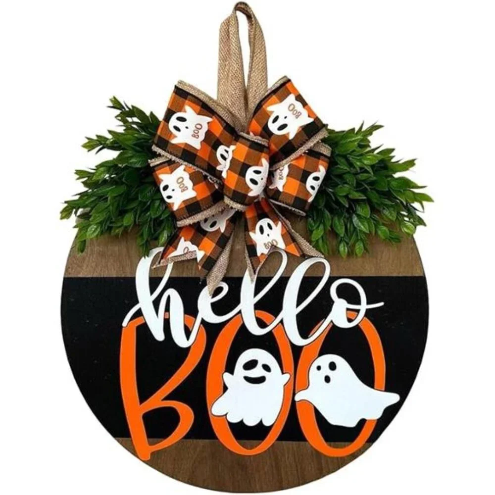 Halloween Ghost Door Sign - Cute Wood Wreath‎ for Front Door & Porch Decor